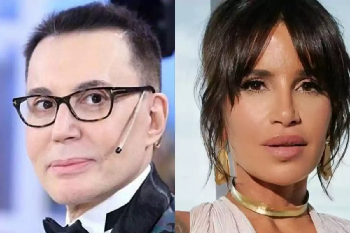 Dos personas posando para la cámara, una lleva gafas y un micrófono de diadema, la otra tiene el cabello oscuro y lleva un collar dorado.