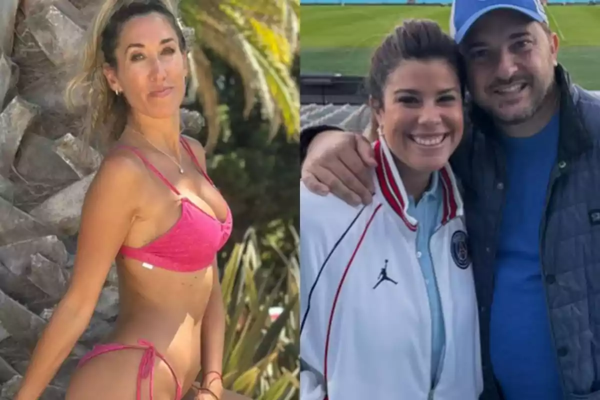 A woman in a pink bikini poses next to a palm tree, and a smiling couple embraces in an outdoor setting. A woman in a pink bikini poses next to a palm tree, and a smiling couple embraces in an outdoor setting.