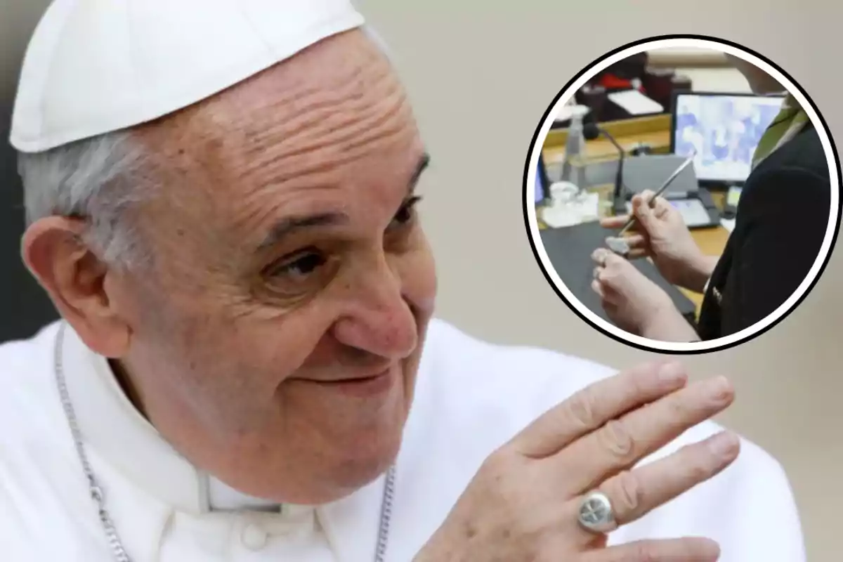 A man in white religious attire smiles while making a hand gesture, and in a frame, another person is seen holding an object similar to a ring.