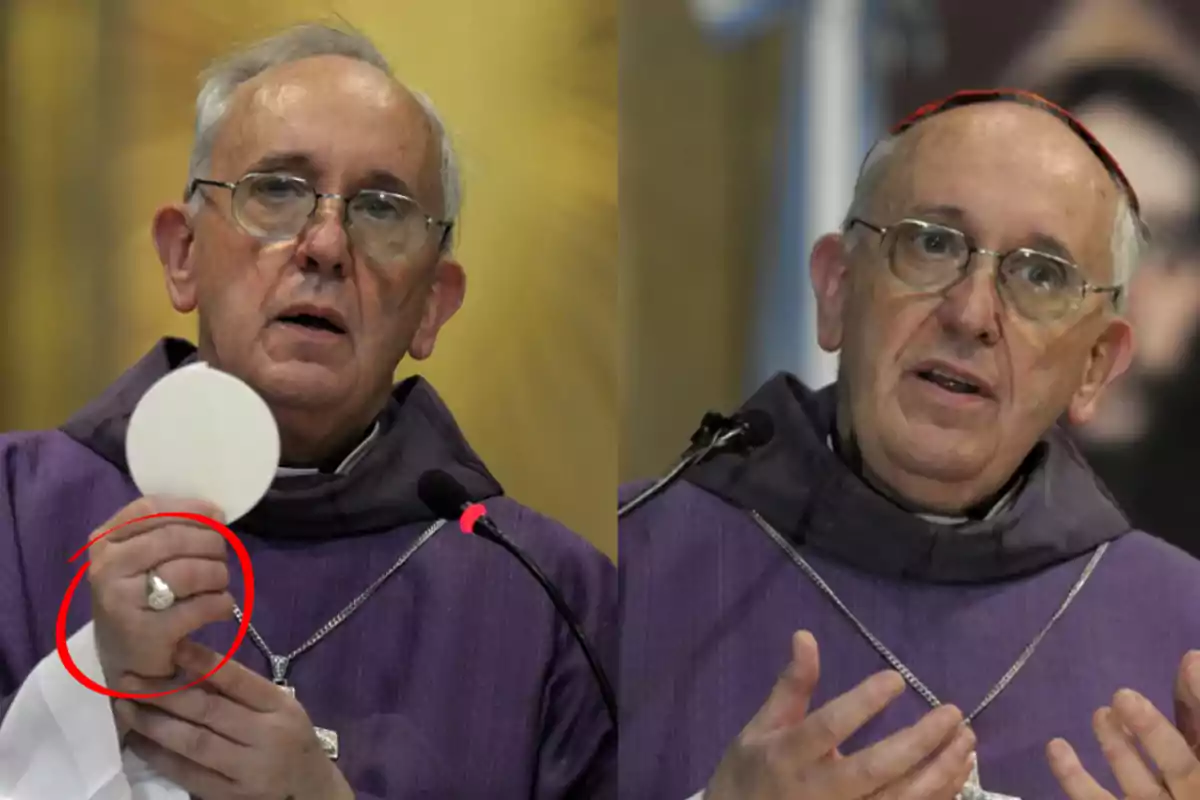 An elderly man with glasses and religious attire holds a host in one hand and gestures while speaking into a microphone. An elderly man with glasses and religious attire holds a host in one hand and gestures while speaking into a microphone.