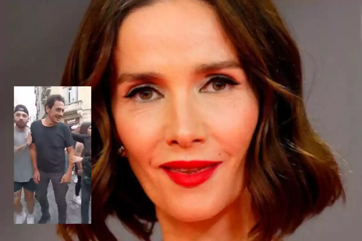 Una mujer con cabello castaño y labios rojos en primer plano con una imagen más pequeña de dos personas en una calle.