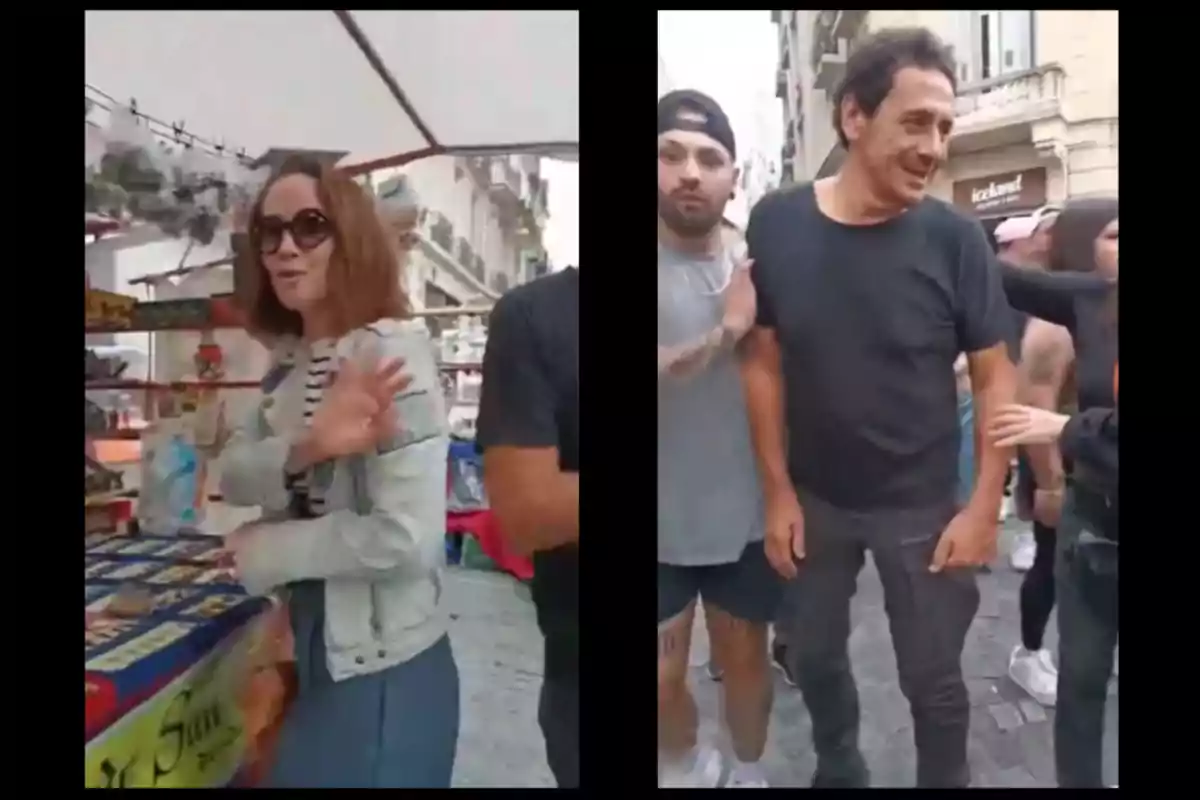 Una mujer con gafas de sol está de pie junto a un puesto de mercado al aire libre, mientras que en la otra imagen, un hombre sonríe mientras es acompañado por otras personas en una calle concurrida. Una mujer con gafas de sol está de pie junto a un puesto de mercado al aire libre, mientras que en la otra imagen, un hombre sonríe mientras es acompañado por otras personas en una calle concurrida.