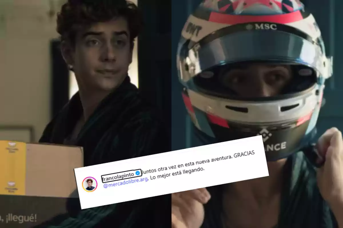 A young man holds a Mercado Libre box in one image and appears with a racing helmet in another; there is overlaid text mentioning a collaboration with a company.
