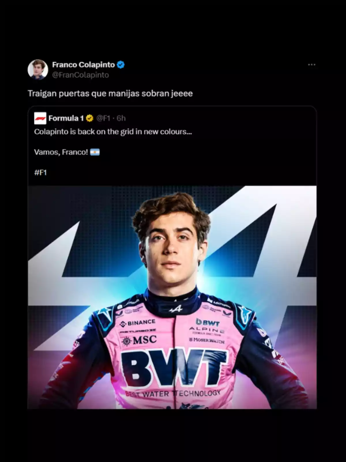 A racing driver in a pink and blue BWT suit, with a background showing a motorsport team logo, accompanied by a tweet celebrating his return to competition. A racing driver in a pink and blue BWT suit, with a background showing a motorsport team logo, accompanied by a tweet celebrating his return to competition.