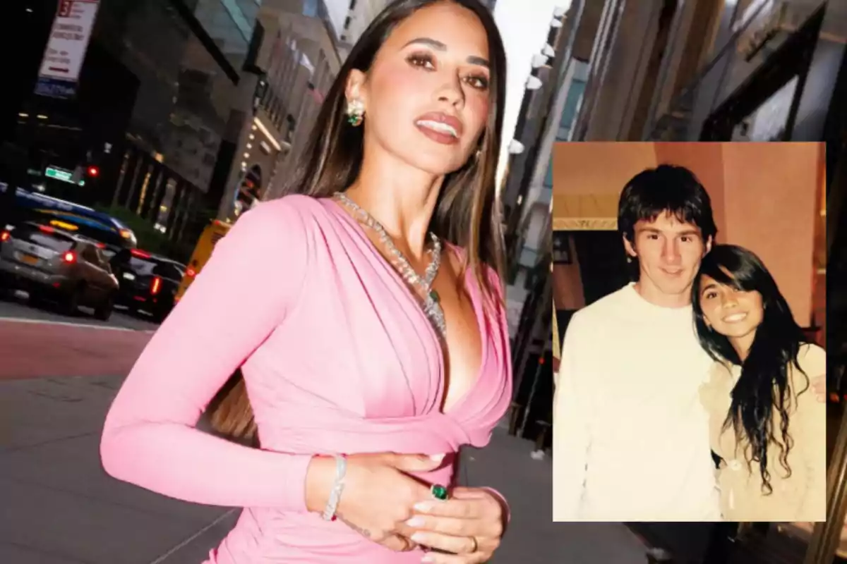 A woman in a pink dress poses on a city street while a smaller photo shows two people hugging.