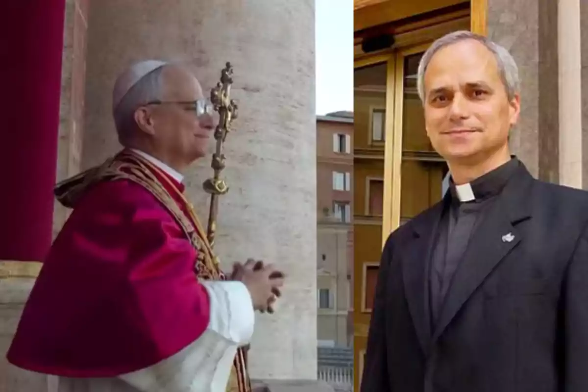 Dos hombres con vestimenta religiosa, uno con sotana negra y otro con vestimenta ceremonial roja, posan en diferentes escenarios arquitectónicos.