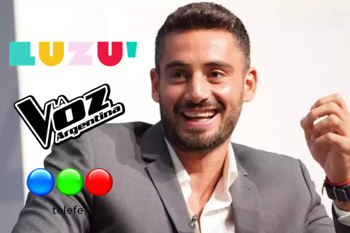 Un hombre sonriente con barba y traje gris aparece en la imagen junto a los logotipos de "Luzu", "La Voz Argentina" y "Telefe".