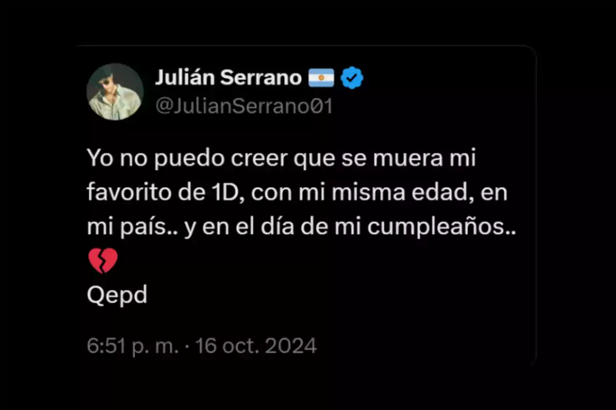 Una publicación en redes sociales expresa tristeza por la muerte de un miembro de One Direction, mencionando que tenía la misma edad y que ocurrió en su país y en su cumpleaños. Una publicación en redes sociales expresa tristeza por la muerte de un miembro de One Direction, mencionando que tenía la misma edad y que ocurrió en su país y en su cumpleaños.