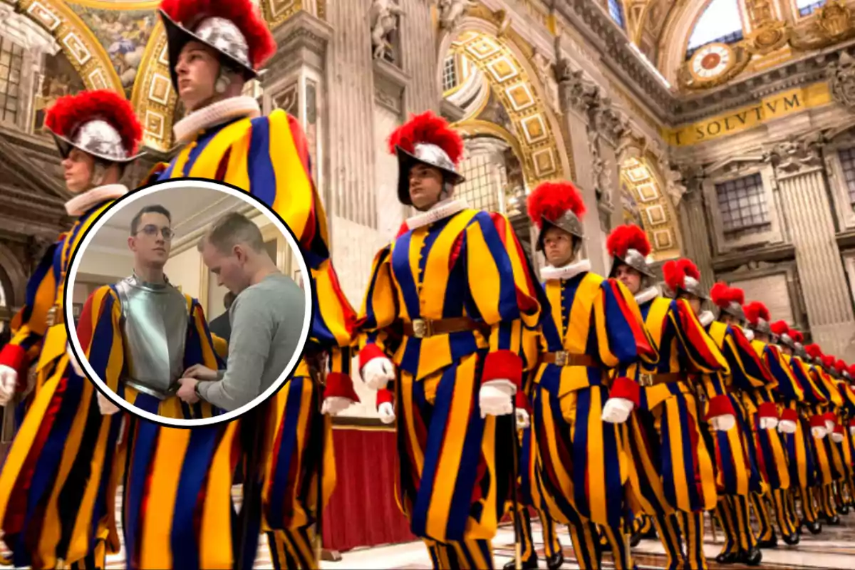 Swiss guards in traditional uniform march in a historic building with an inset showing a guard being assisted with his armor.
