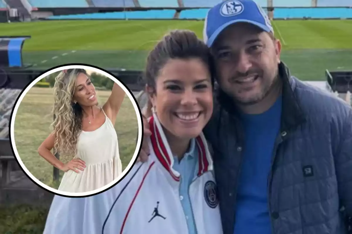 Una pareja sonriente posa en un estadio de fútbol, mientras que en un recuadro se muestra a una mujer con cabello rizado posando al aire libre.
