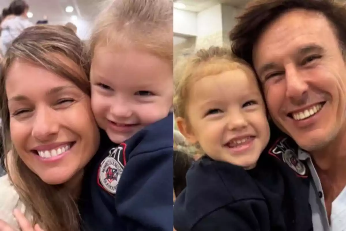 Una niña sonriente está abrazada a una mujer en la primera imagen y a un hombre en la segunda, ambos adultos también sonríen. Una niña sonriente está abrazada a una mujer en la primera imagen y a un hombre en la segunda, ambos adultos también sonríen.