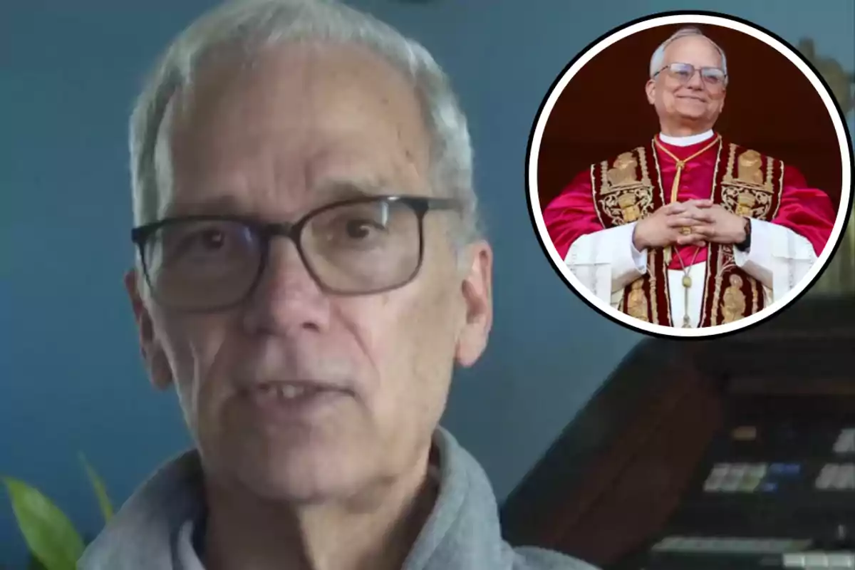 Un hombre con gafas aparece en primer plano, mientras que en un recuadro se muestra a una figura religiosa con vestimenta ceremonial.