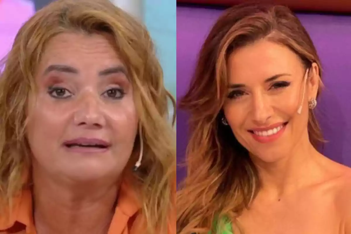 Dos mujeres con micrófonos en un programa de televisión.