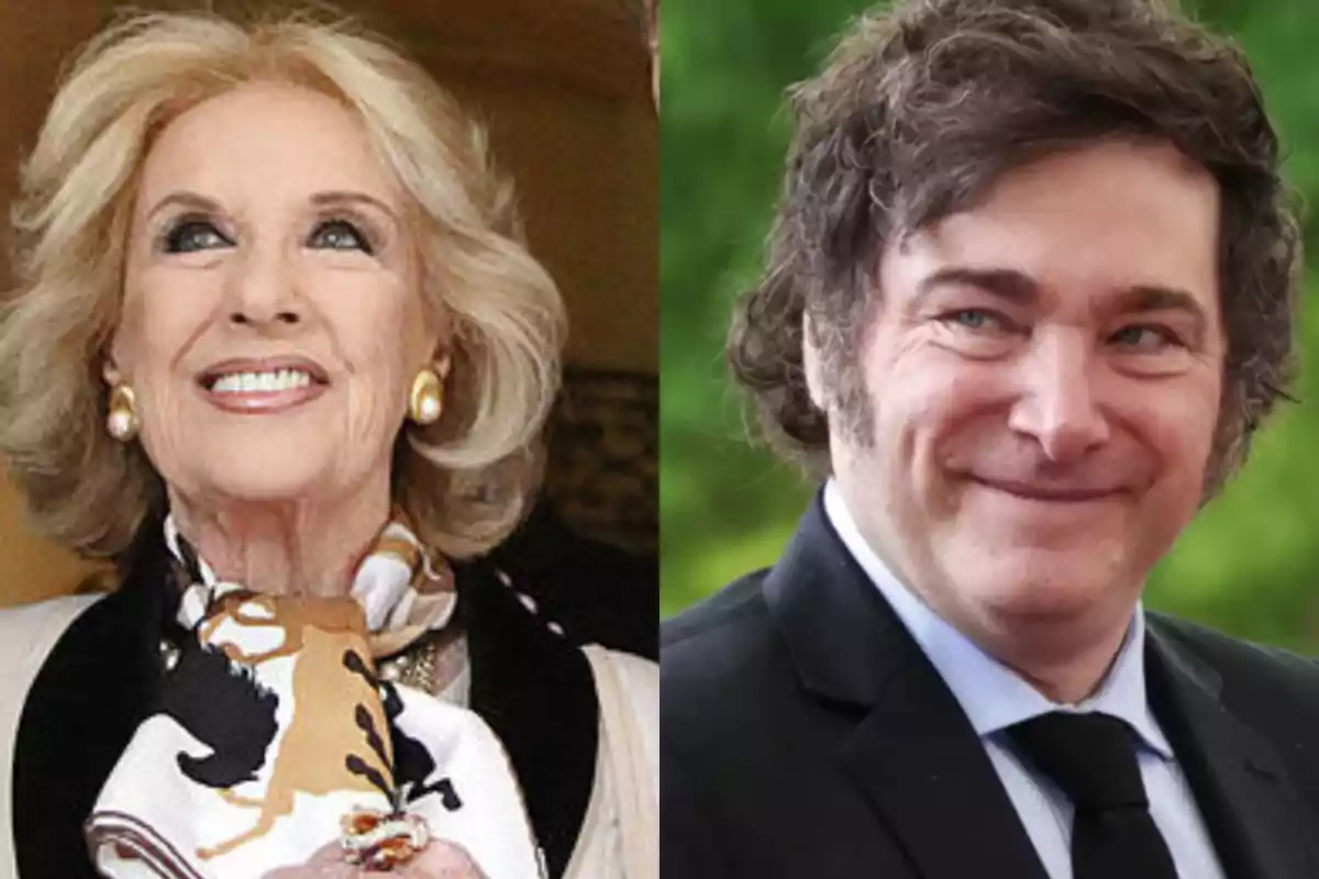 Two smiling people, an older woman with blonde hair and a man with dark hair, both dressed elegantly.