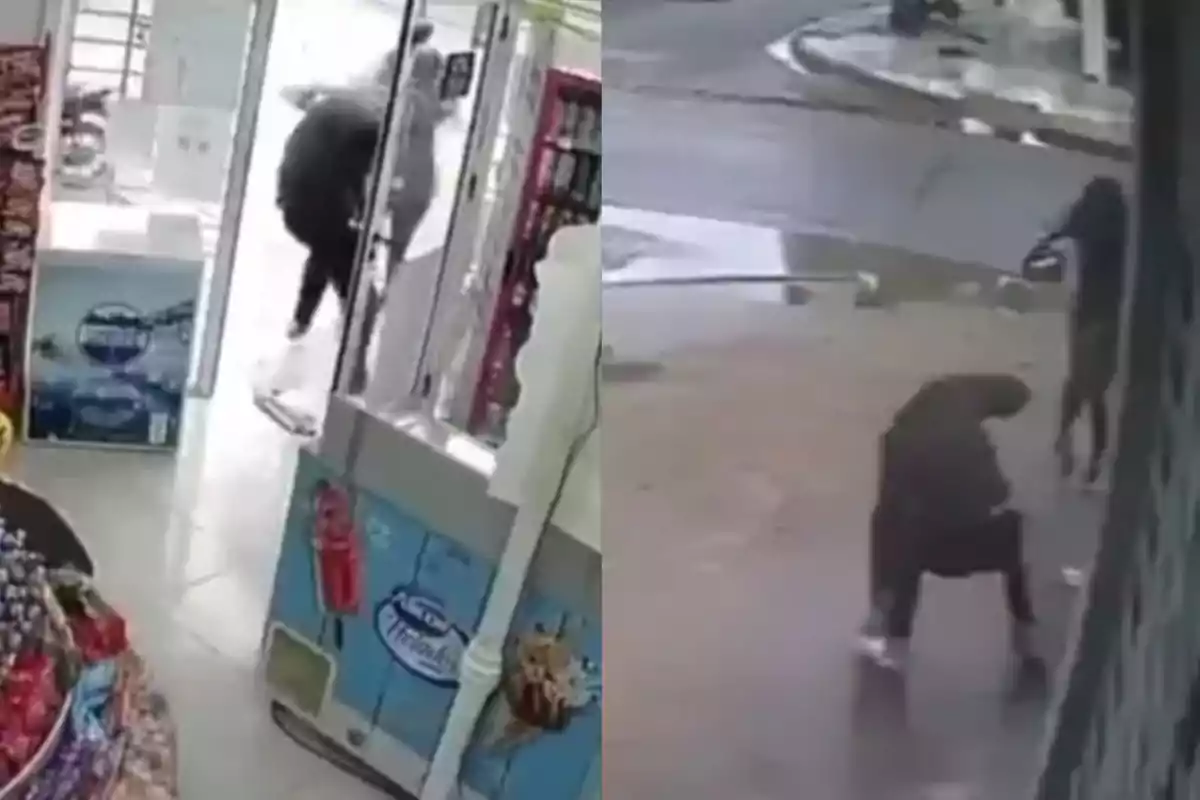 Dos imágenes muestran a una persona entrando a una tienda y a otra persona en la calle, ambas vestidas de negro y capturadas por cámaras de seguridad.