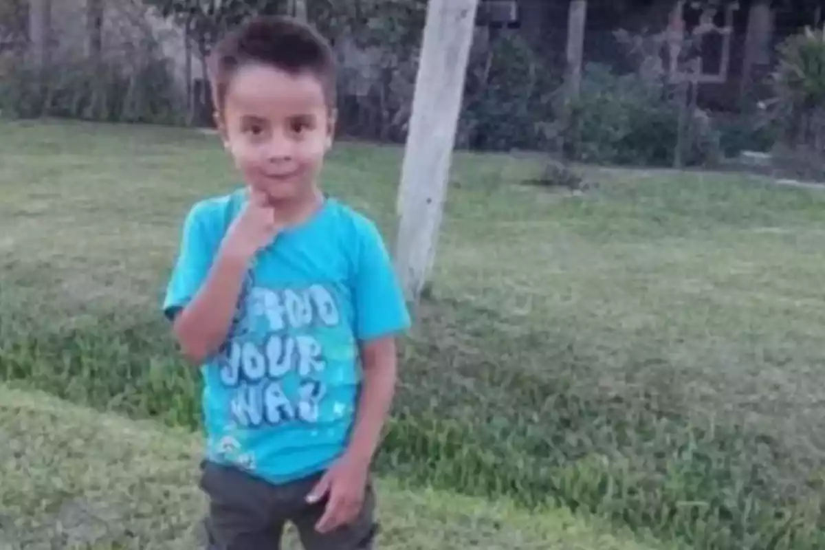 Un niño con camiseta azul está de pie en un jardín, con una mano en la barbilla y una expresión pensativa.