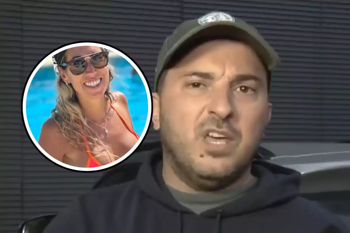 Un hombre con gorra y sudadera oscura habla frente a una cámara mientras en un recuadro se muestra a una mujer sonriendo con gafas de sol y traje de baño en una piscina.