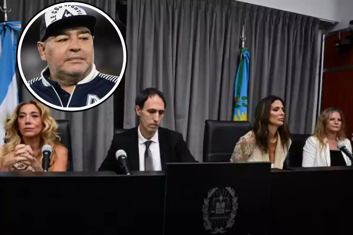 A group of people at a press conference with an image of a man in an overlaid circle.