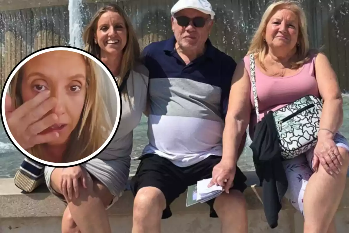 Tres personas sentadas en un banco frente a una fuente, con una imagen insertada de una mujer tocándose el ojo.