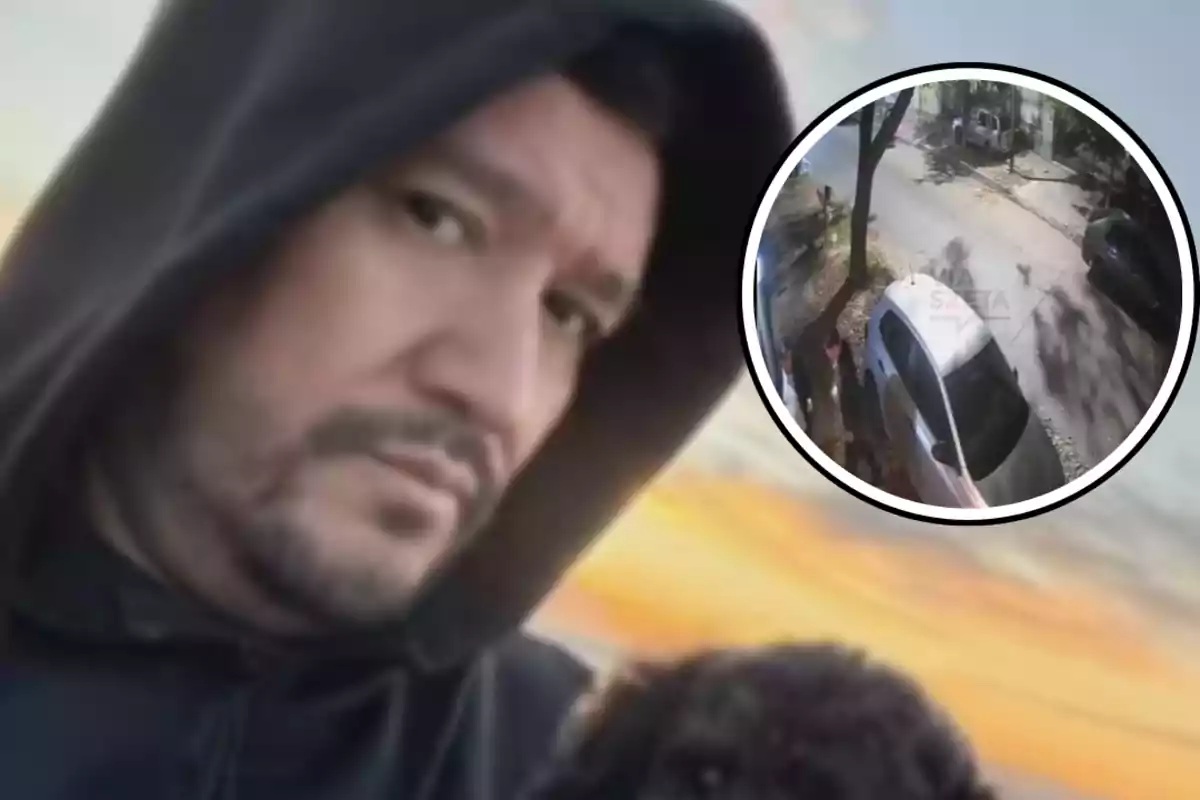 Un hombre con capucha mira a la cámara mientras sostiene un perro, con una imagen circular insertada que muestra una escena de una calle con un auto estacionado.