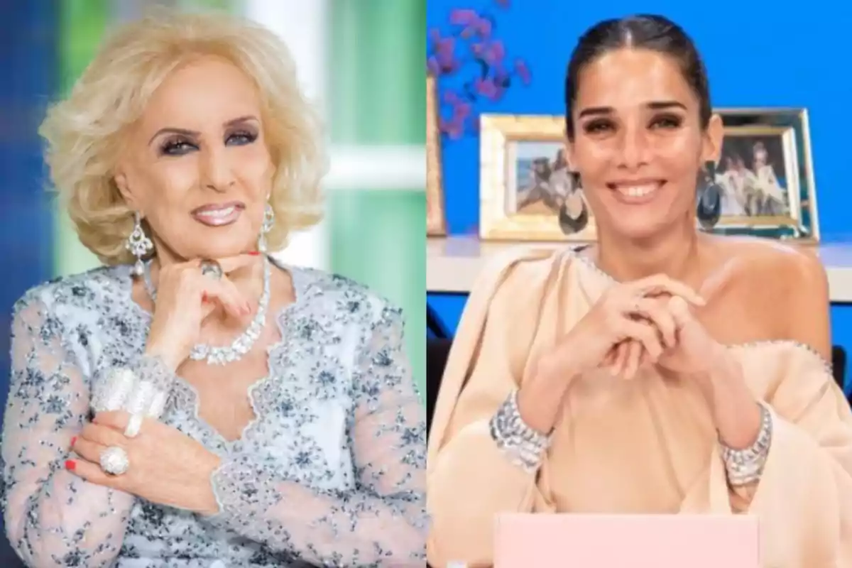Two smiling women pose elegantly, one in a blue dress with shiny details and the other in a beige dress, both wearing striking jewelry.