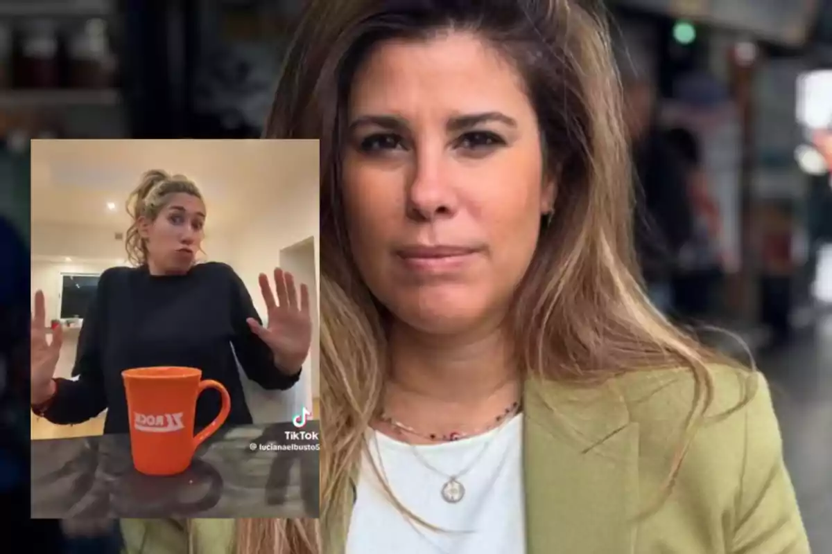 A woman with long, loose hair looks at the camera while another woman with a surprised expression is shown in a box in front of an orange cup.