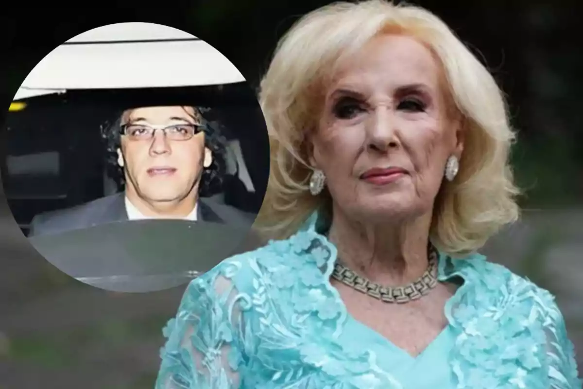 An older woman with blonde hair and a light blue dress is in the foreground, while in an inset, a man with glasses is shown inside a car.