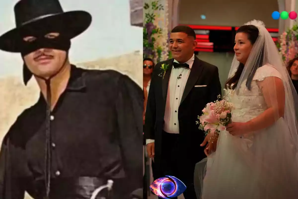 Un hombre disfrazado de Zorro junto a una pareja de novios en una ceremonia de boda.