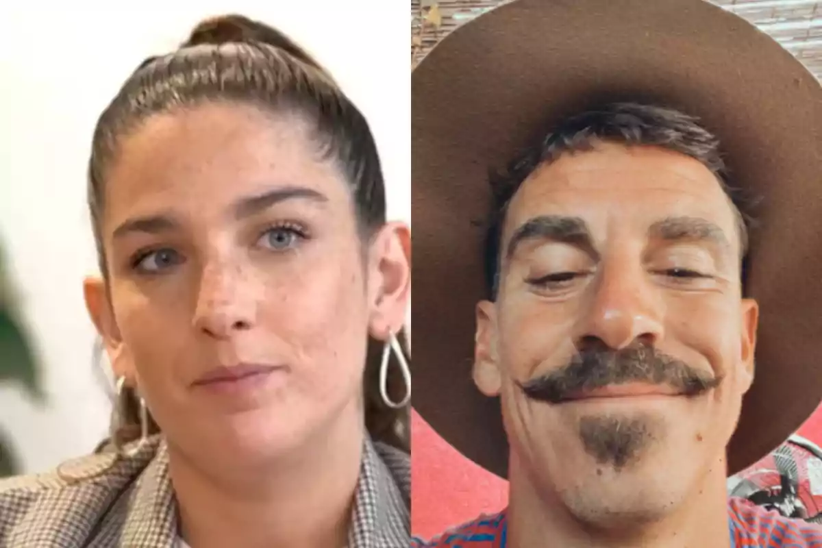 Two people in a split image, a woman with her hair up and a serious expression on the left, and a man with a mustache and hat smiling on the right.