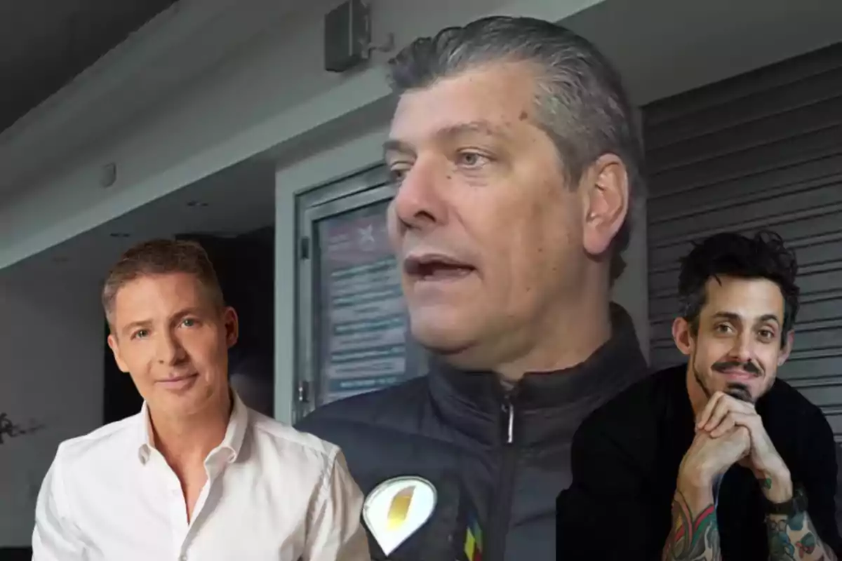 Un hombre hablando frente a un micrófono con dos imágenes superpuestas de otras personas.