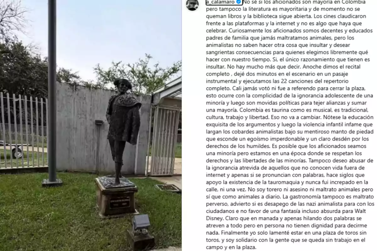 A statue of a bullfighter is located in a fenced garden, accompanied by an extensive text that appears to be a reflection or commentary on bullfighting and culture in Colombia. A statue of a bullfighter is located in a fenced garden, accompanied by an extensive text that appears to be a reflection or commentary on bullfighting and culture in Colombia.