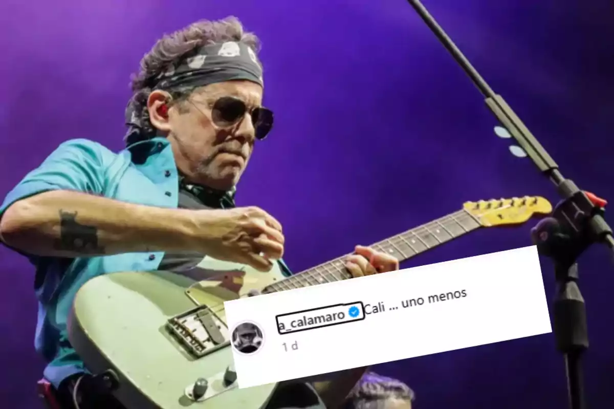 A man with sunglasses and a bandana plays an electric guitar on a stage lit with purple lights, while a comment on a social network is overlaid on the image.