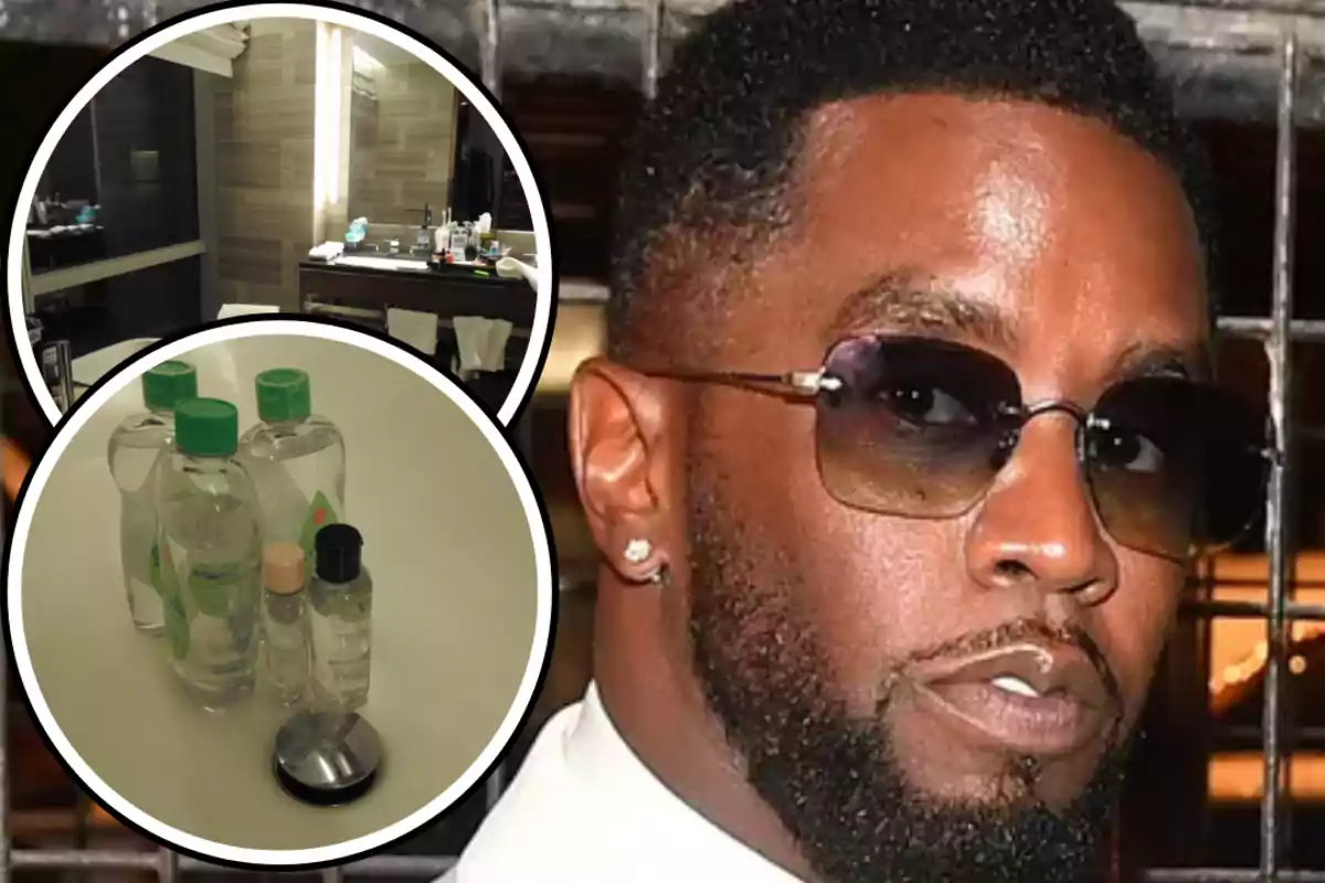 A man with sunglasses appears in the foreground, while images of a bathroom with toiletries and several plastic bottles are shown in two circles.