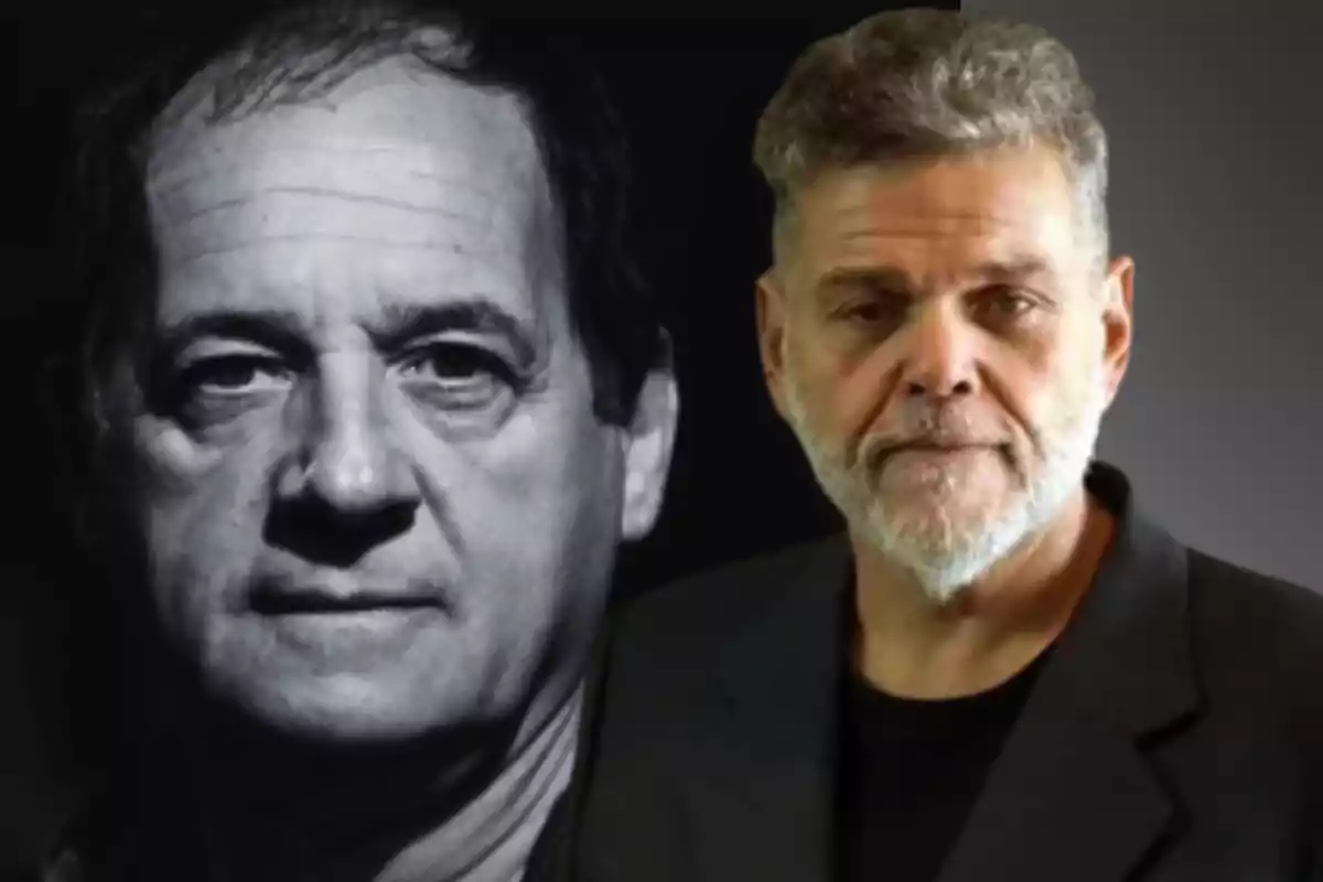 Two older men, one in black and white and the other in color, with serious expressions.