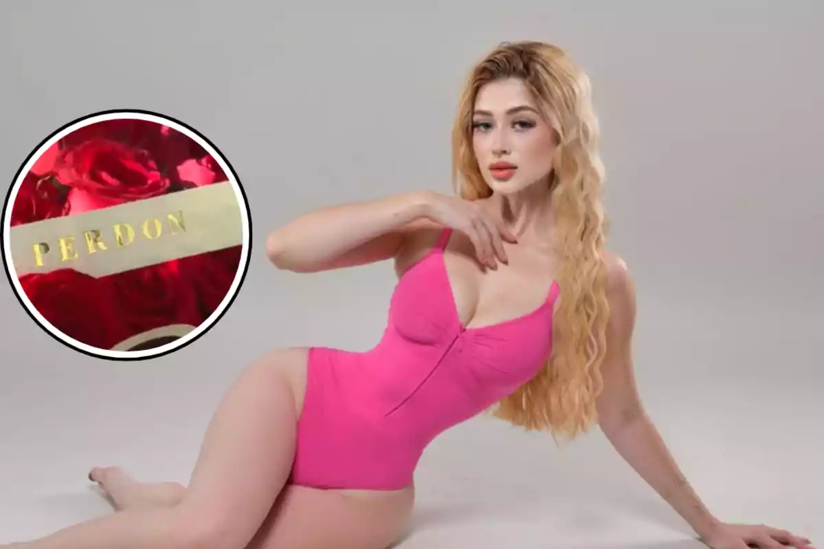 A person in a pink swimsuit poses against a gray background, with a frame showing red roses and the word "SORRY."