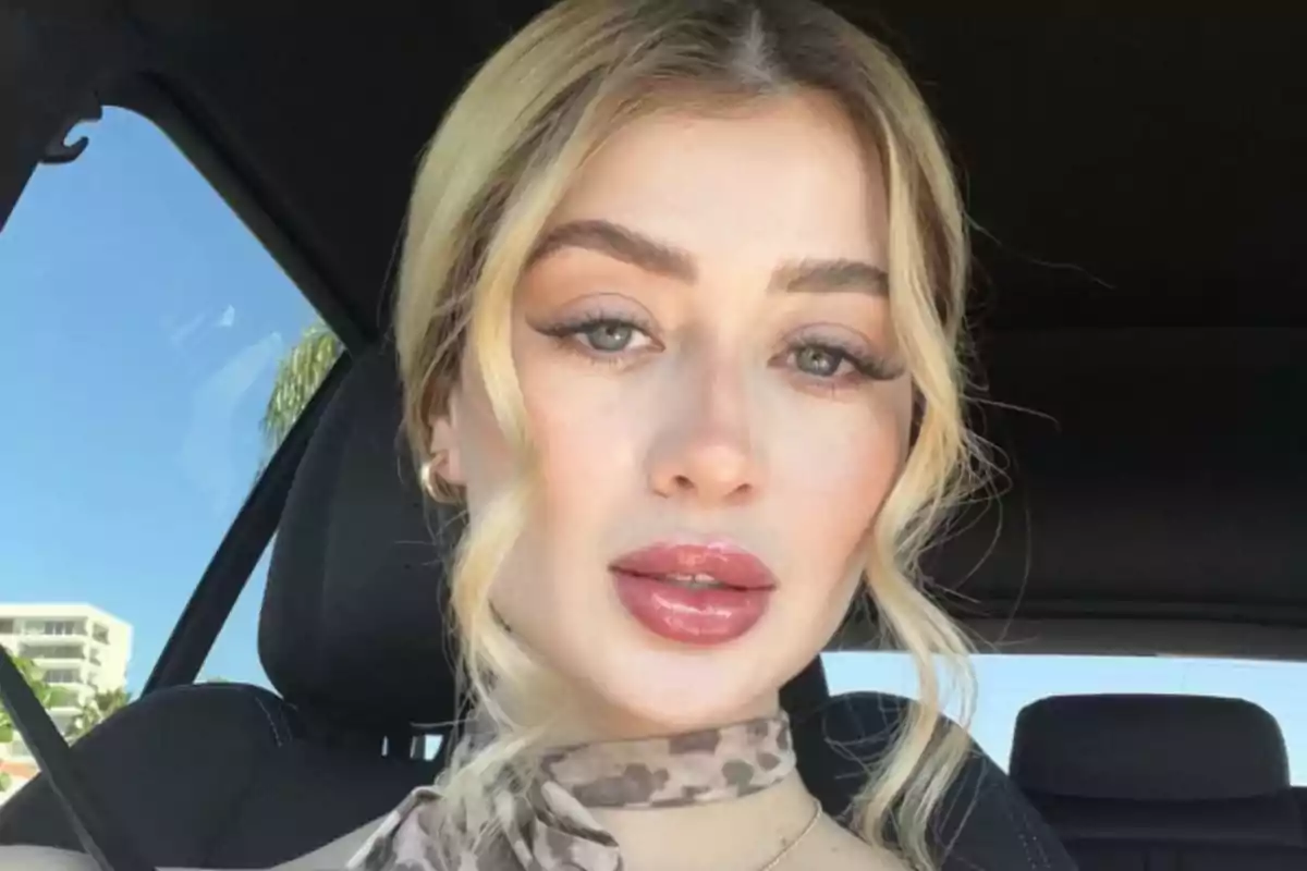 A person with blonde hair and subtle makeup inside a car. A person with blonde hair and subtle makeup inside a car.