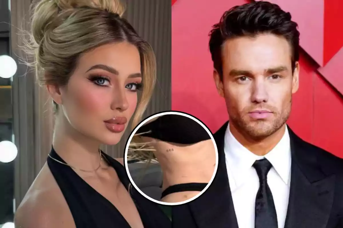 A woman with elegant makeup and an updo hairstyle next to a man in a suit and tie, with a circle highlighting a tattoo on the woman's side.