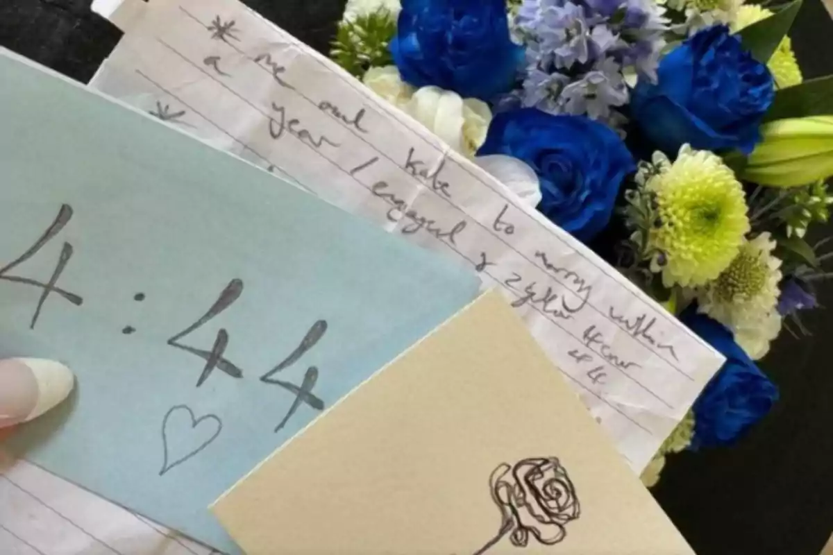 An image showing a bouquet of flowers with blue and white roses, alongside several handwritten notes, one of them with the number 4:44 and a drawn heart. An image showing a bouquet of flowers with blue and white roses, alongside several handwritten notes, one of them with the number 4:44 and a drawn heart.