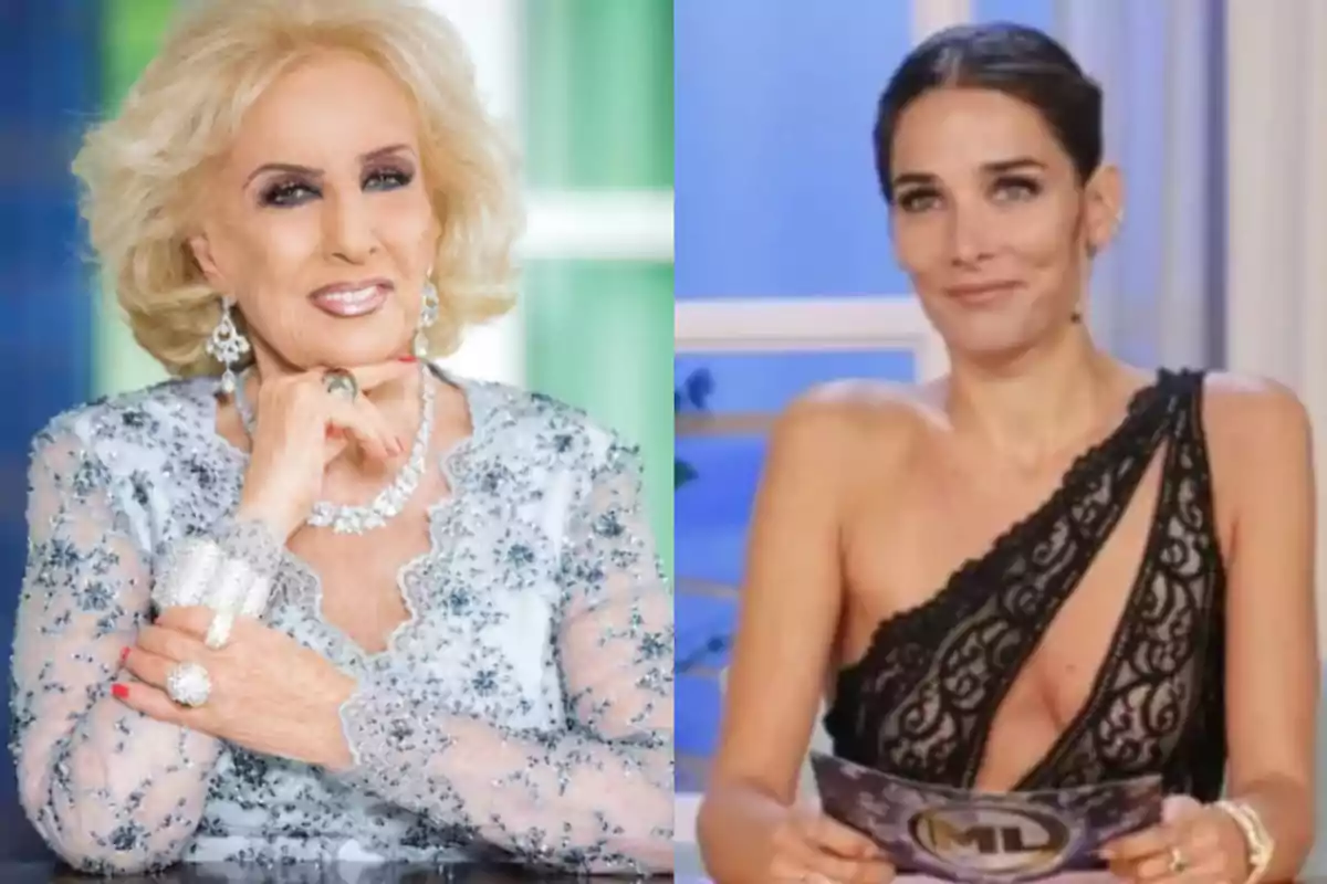 Two women pose elegantly, one in a light blue dress with shiny details and the other in a black lace dress, both wearing jewelry and in a studio setting.