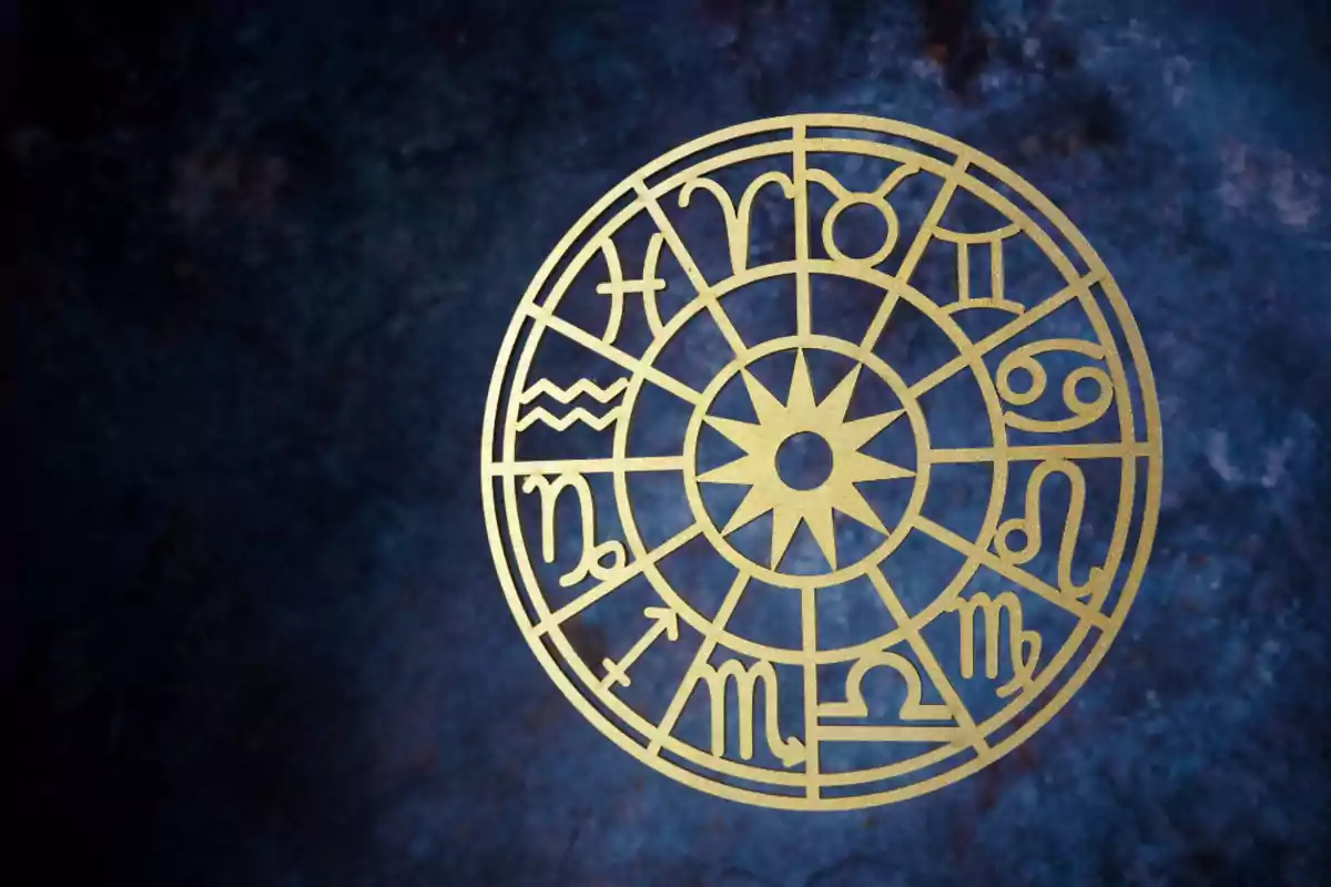 Círculo dorado con símbolos del zodiaco sobre un fondo azul oscuro.