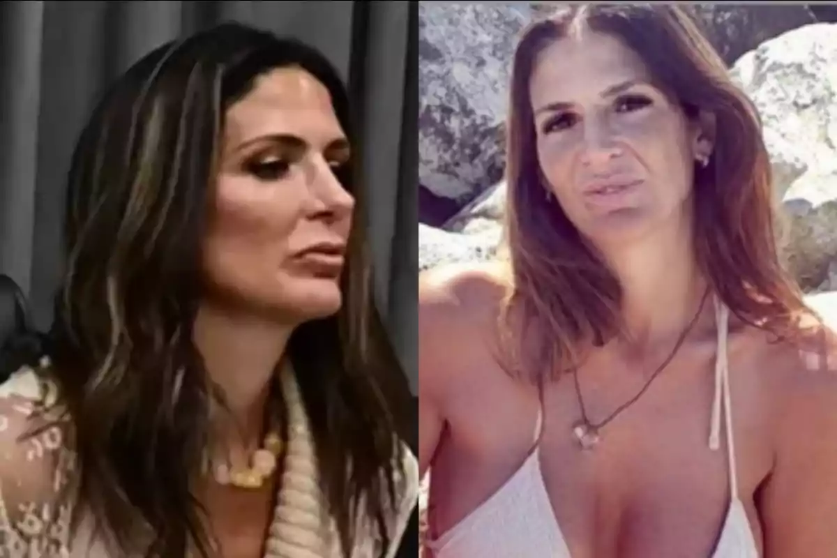 Dos fotos de una mujer de cabello castaño largo, en la primera está en un ambiente interior con ropa clara y collar, en la segunda está al aire libre con un top claro y fondo de rocas. Dos fotos de una mujer de cabello castaño largo, en la primera está en un ambiente interior con ropa clara y collar, en la segunda está al aire libre con un top claro y fondo de rocas.
