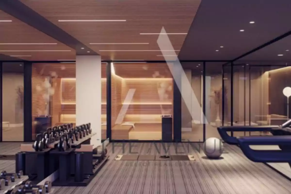 Gimnasio moderno con pesas, caminadoras y una sala de sauna al fondo, iluminación cálida y diseño elegante Gimnasio moderno con pesas, caminadoras y una sala de sauna al fondo, iluminación cálida y diseño elegante