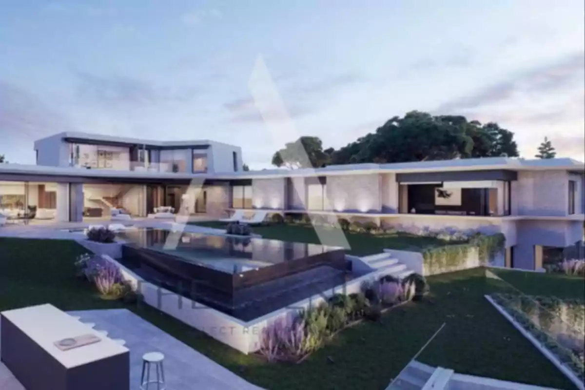 Casa moderna de dos plantas con grandes ventanales, piscina en el jardín y áreas verdes bien cuidadas al atardecer Casa moderna de dos plantas con grandes ventanales, piscina en el jardín y áreas verdes bien cuidadas al atardecer