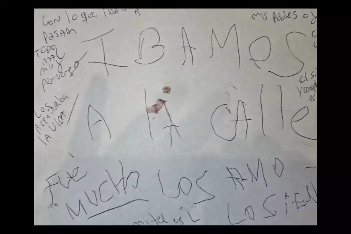 Hoja de papel con varios mensajes escritos a mano en diferentes direcciones y tamaños, algunos con manchas marrones, el texto principal dice íbamos a la calle, fue mucho, los amo, lo siento, y hay frases adicionales en los bordes Hoja de papel con varios mensajes escritos a mano en diferentes direcciones y tamaños, algunos con manchas marrones, el texto principal dice íbamos a la calle, fue mucho, los amo, lo siento, y hay frases adicionales en los bordes