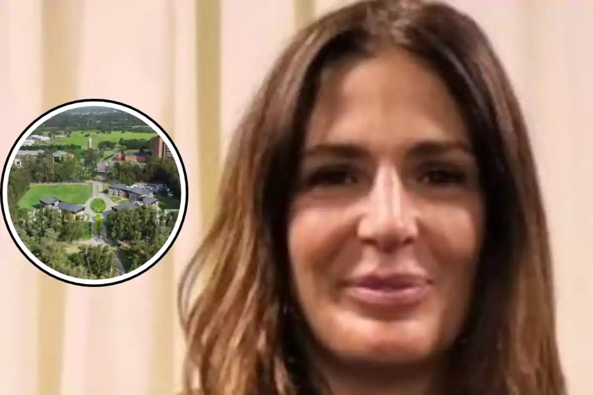 Long brown-haired woman with a light background and a circular frame showing an aerial view of a campus surrounded by green areas.