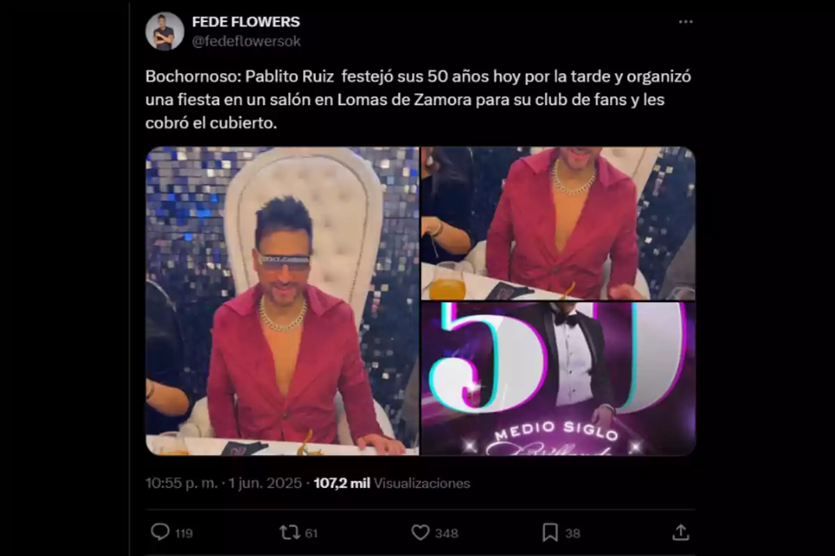 Publicación en Twitter donde se muestra a un hombre con saco rojo y gafas oscuras sentado en una silla blanca elegante, acompañado de una imagen alusiva a una fiesta de 50 años, con texto que menciona la celebración de un cumpleaños y el cobro de cubierto a los asistentes. Publicación en Twitter donde se muestra a un hombre con saco rojo y gafas oscuras sentado en una silla blanca elegante, acompañado de una imagen alusiva a una fiesta de 50 años, con texto que menciona la celebración de un cumpleaños y el cobro de cubierto a los asistentes.