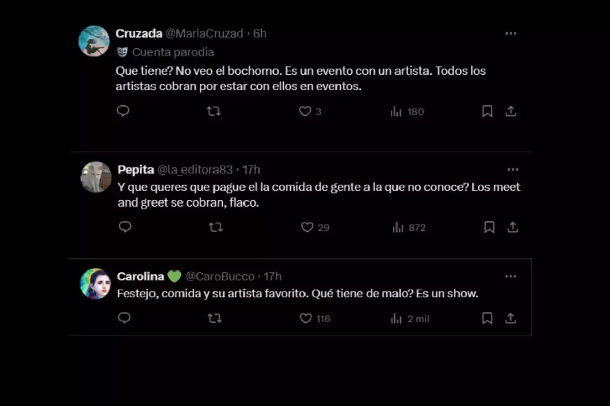 Tres usuarios de Twitter discuten sobre la normalidad de que los artistas cobren por asistir a eventos privados, defendiendo que es parte de su trabajo y que no hay nada de malo en ello. Tres usuarios de Twitter discuten sobre la normalidad de que los artistas cobren por asistir a eventos privados, defendiendo que es parte de su trabajo y que no hay nada de malo en ello.