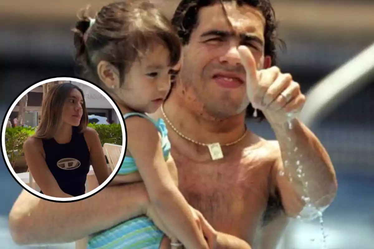 Man in a pool holding a little girl while giving a thumbs up, with a box in the lower left corner showing an image of a young woman sitting outdoors.