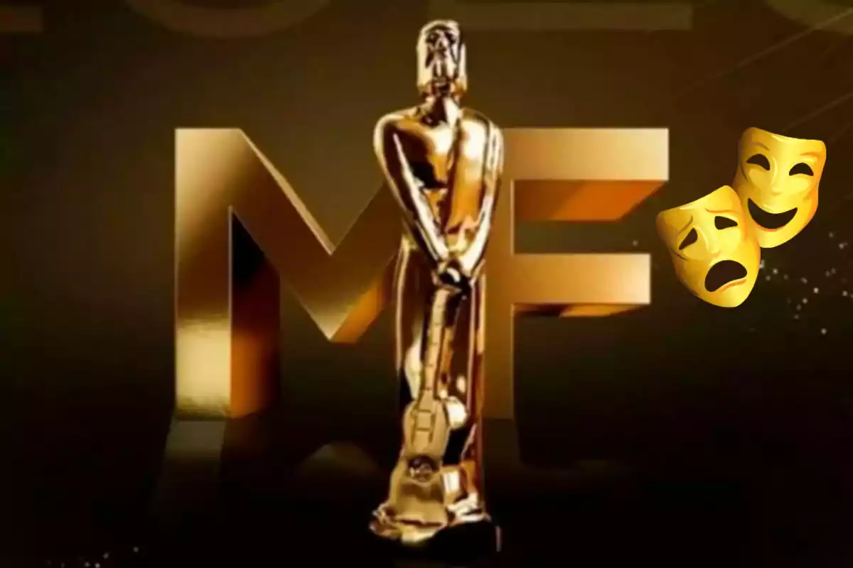 Golden Ariel Award statuette in front of the letters MF with two golden theatrical masks to the right