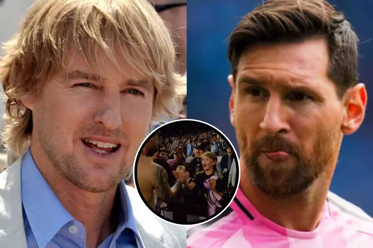 Two men appear in the image, one with blond hair and the other with a beard and a pink t-jersey; in the center, there is a circular photo of an excited boy in a stadium surrounded by people.